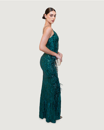 Green Sequin Feather Pearl Gown