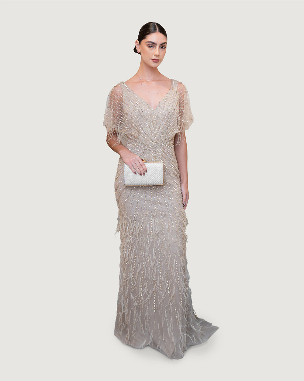 Taupe Long Dress With Lace Overlay
