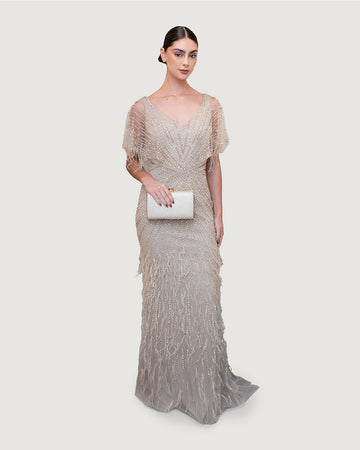 Taupe Long Dress With Lace Overlay