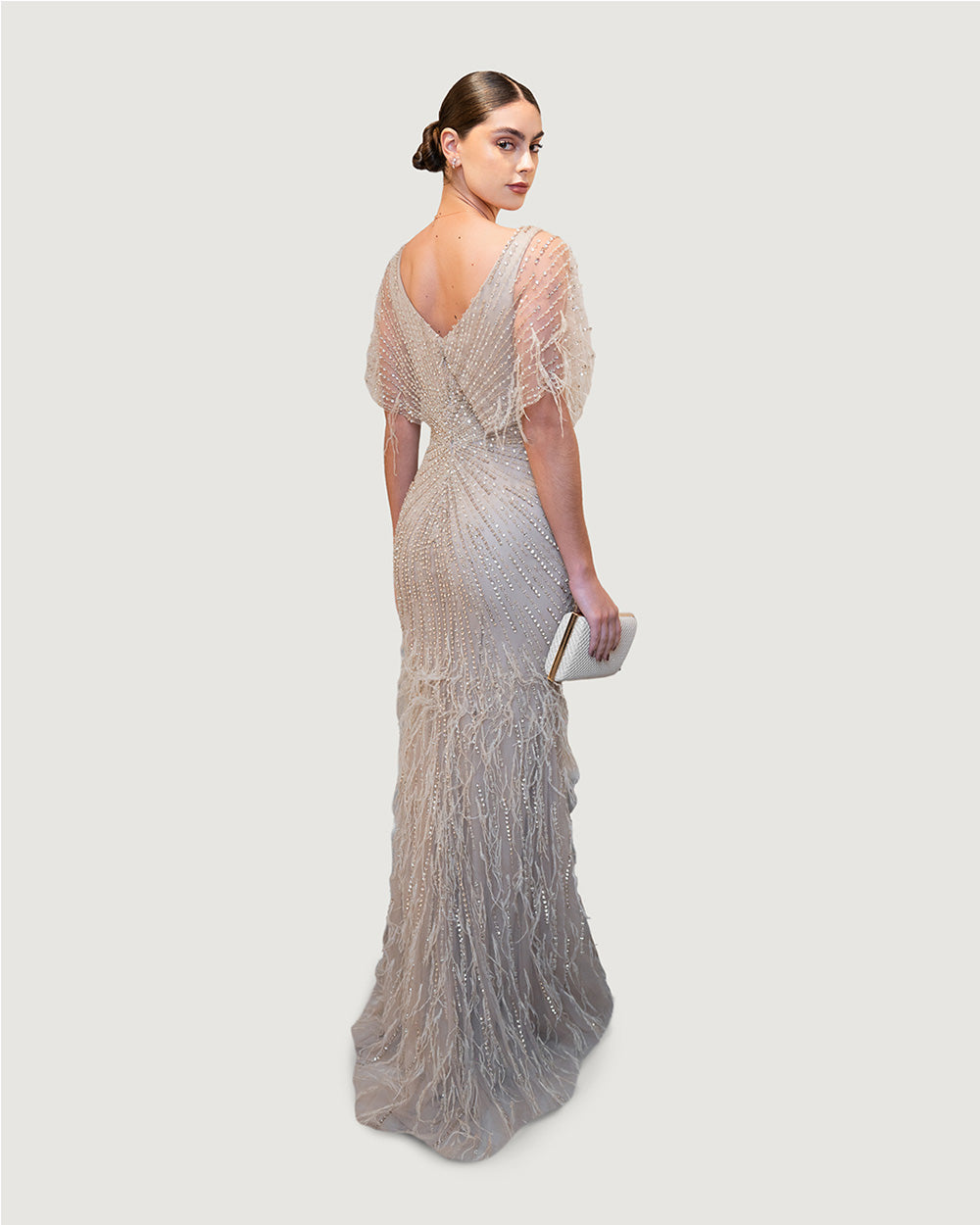 Taupe Long Dress With Lace Overlay