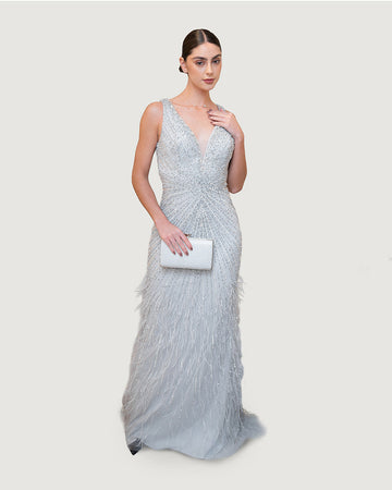 Silver feather long night dress