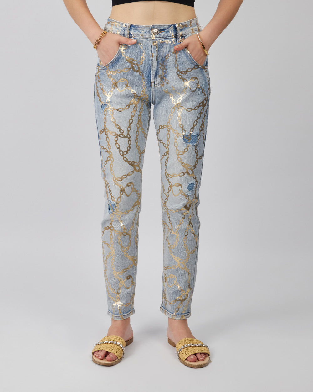 Ripped Denim Pants Gold Chains