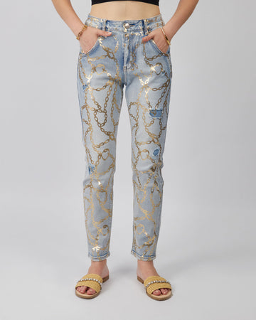 Ripped Denim Pants Gold Chains