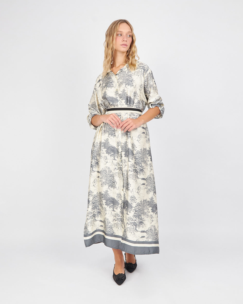 Pearl/Green Silk Print Safari Dress
