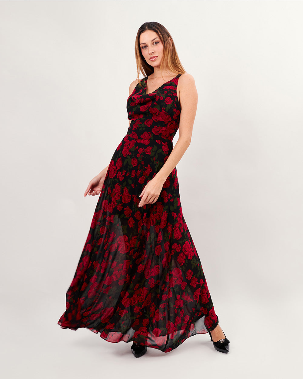 Black long dress with red roses draped neck and crossed back straps