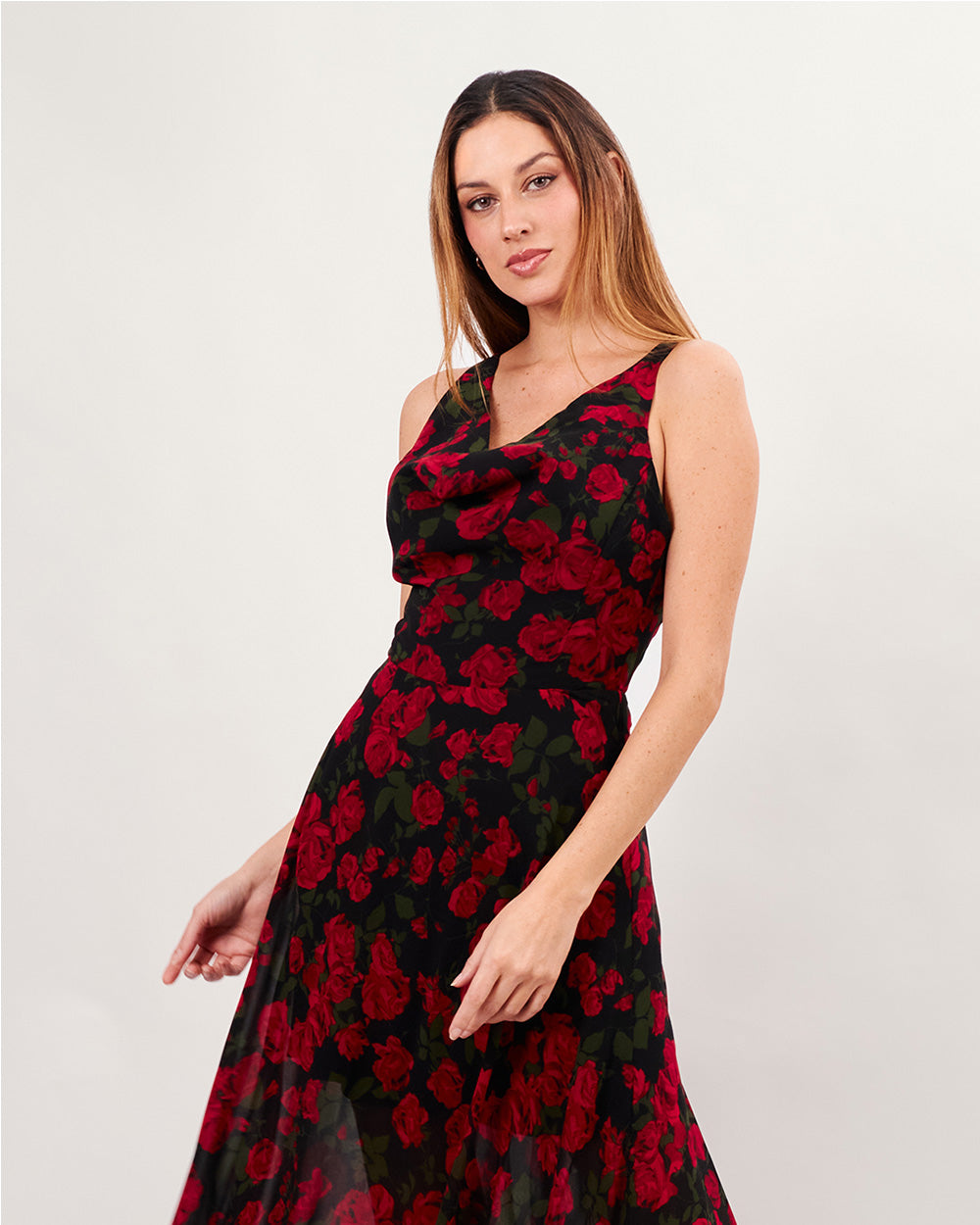 Black long dress with red roses draped neck and crossed back straps