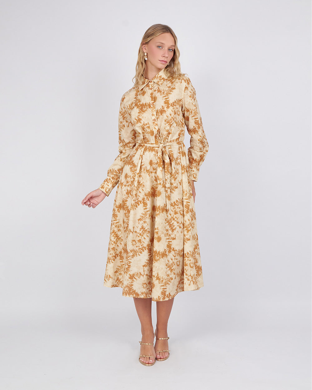 Beige Shirt Dress With Brown Flowers