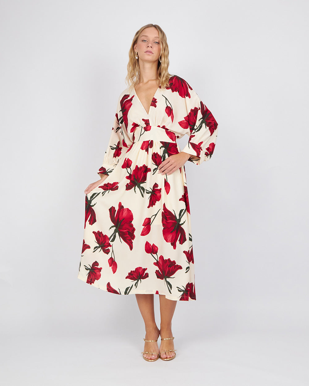 Ivory/Red Floral Batwing Dress