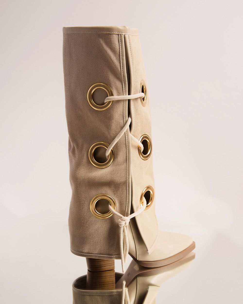 Beige hooped high boot