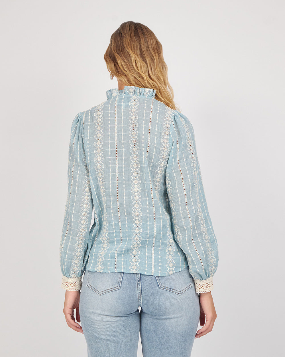 Light Blue Blouse With White Semi-High Neck