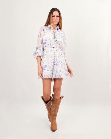 Lilac pansies printed short jumpsuit dress with long chiffon sleeves
