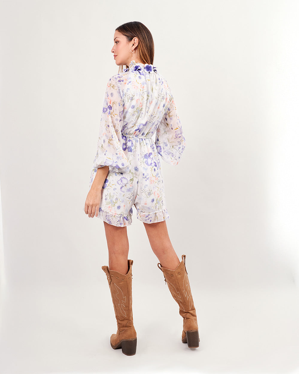 Lilac pansies printed short jumpsuit dress with long chiffon sleeves