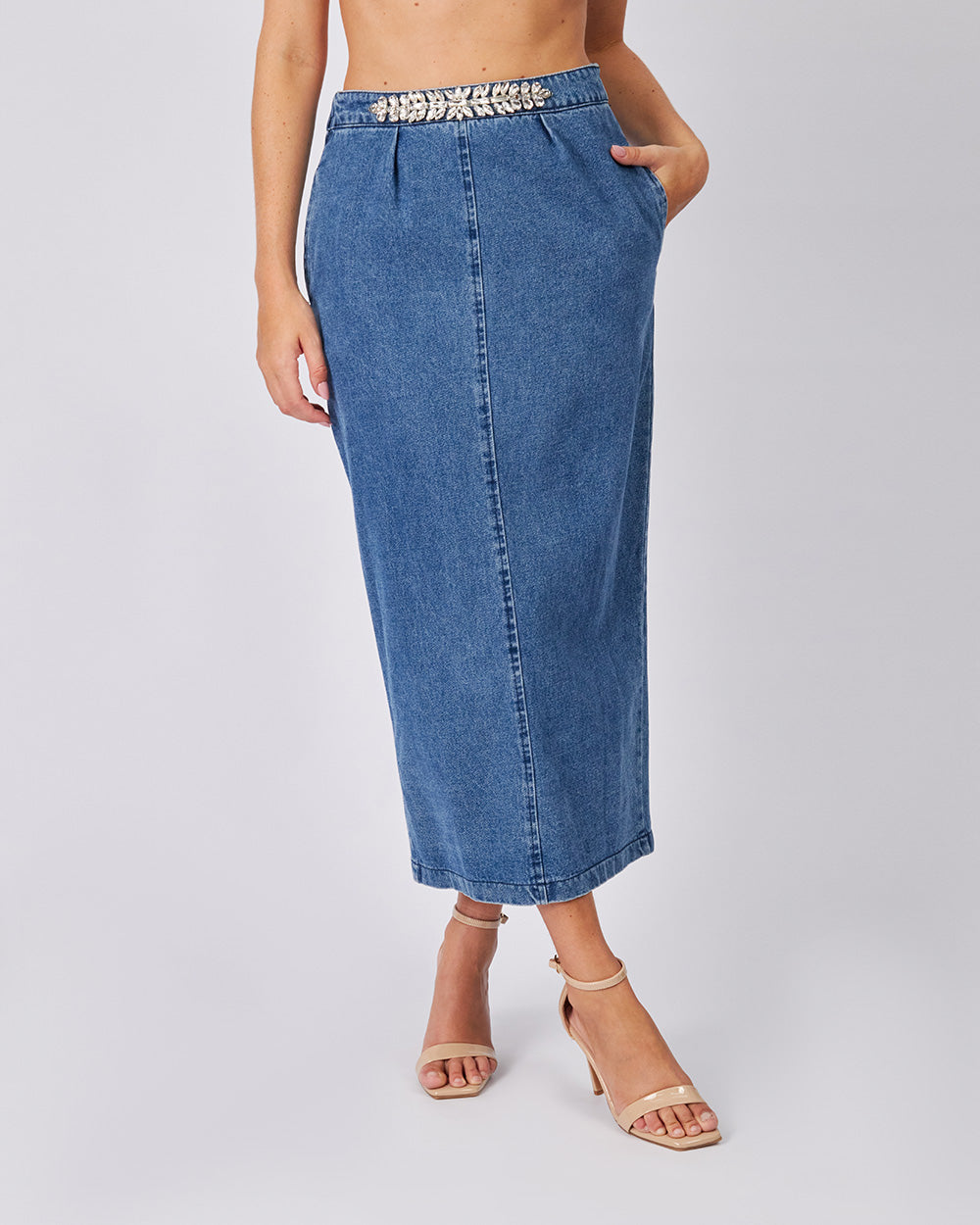 Blue Denim Skirt Rhinestones