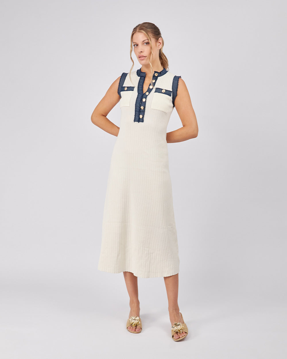 Cream Ribbed Denim Dress