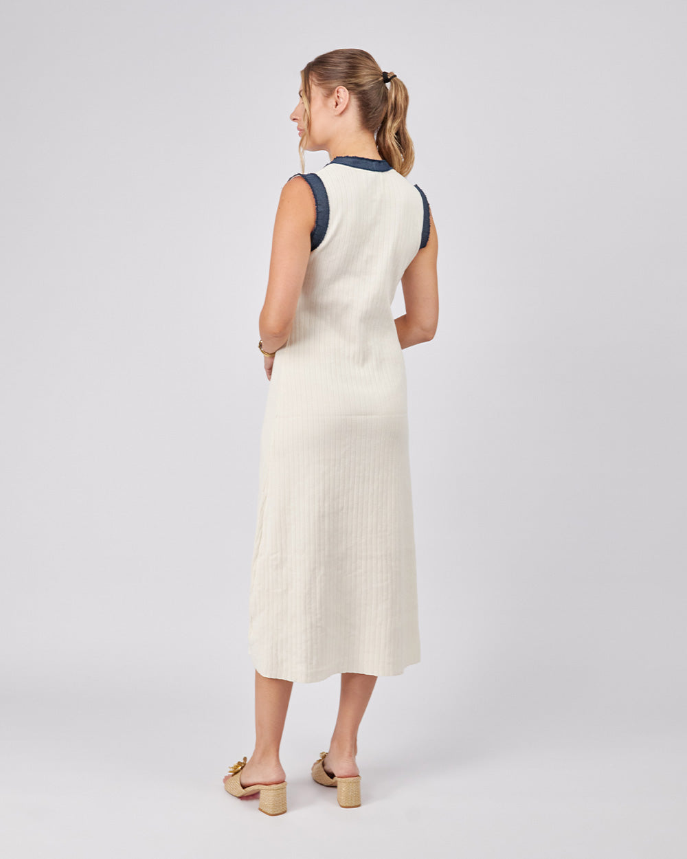 Cream Ribbed Denim Dress