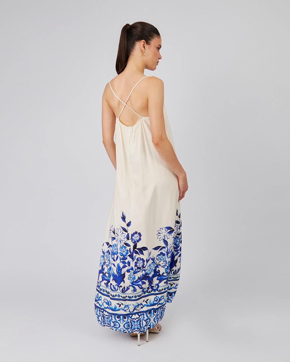 Cream Strappy Dress With Blue Flowers