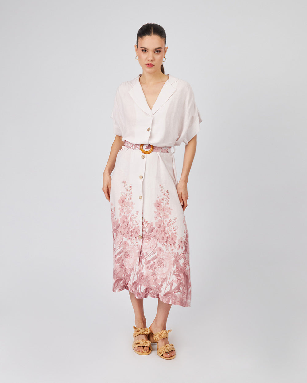 Pink Shirt Dress With Dusty Rose Flowers