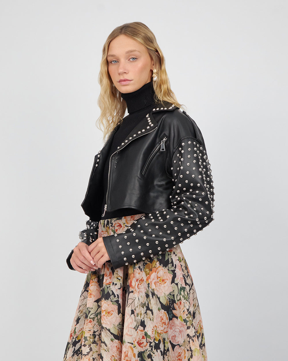 Black Biker Crop Jacket With Studs And Beads