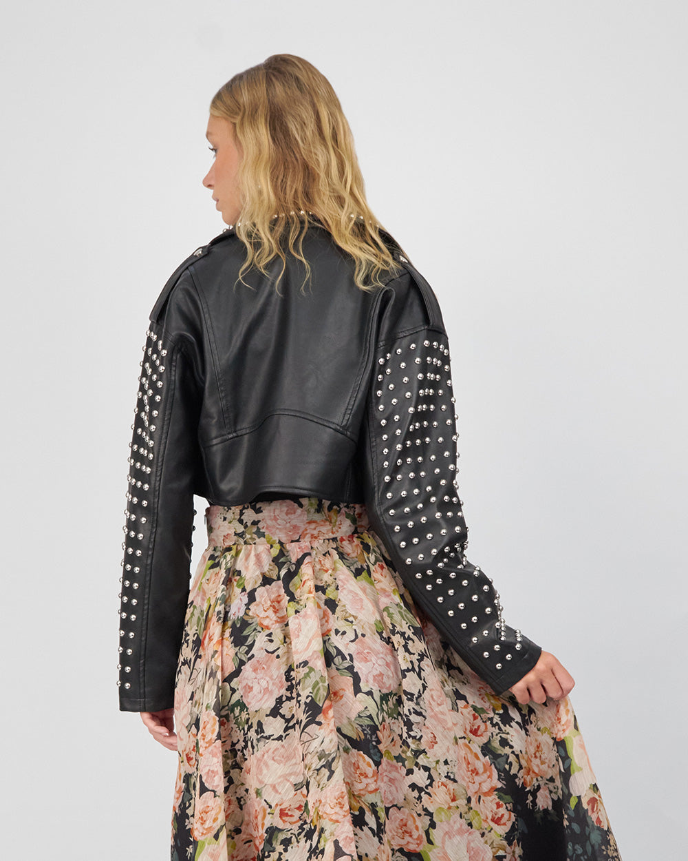 Black Biker Crop Jacket With Studs And Beads