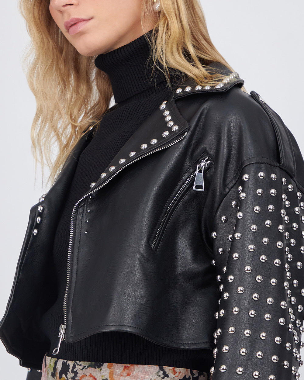 Black Biker Crop Jacket With Studs And Beads