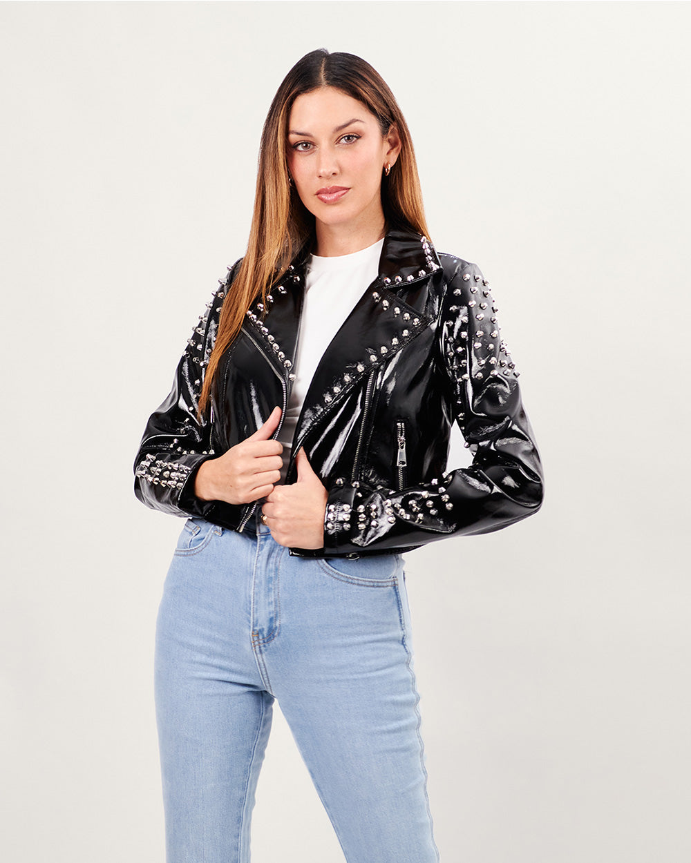Black crop vegan leather crop jacket with silver studs