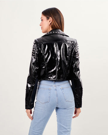 Black  crop vegan leather crop jacket with silver studs
