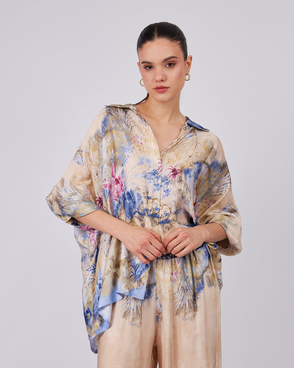 Beige Shirt With Blue Floral Print