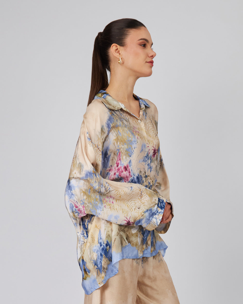 Beige Shirt With Blue Floral Print