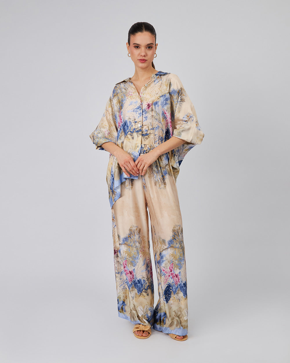 Beige Trousers With Blue Floral Print