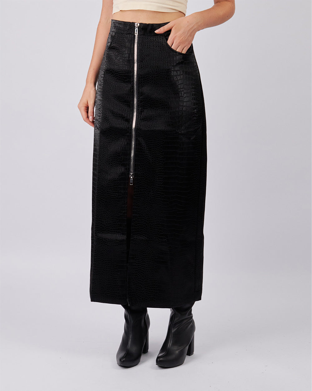 Long Black Leather-Effect Skirt