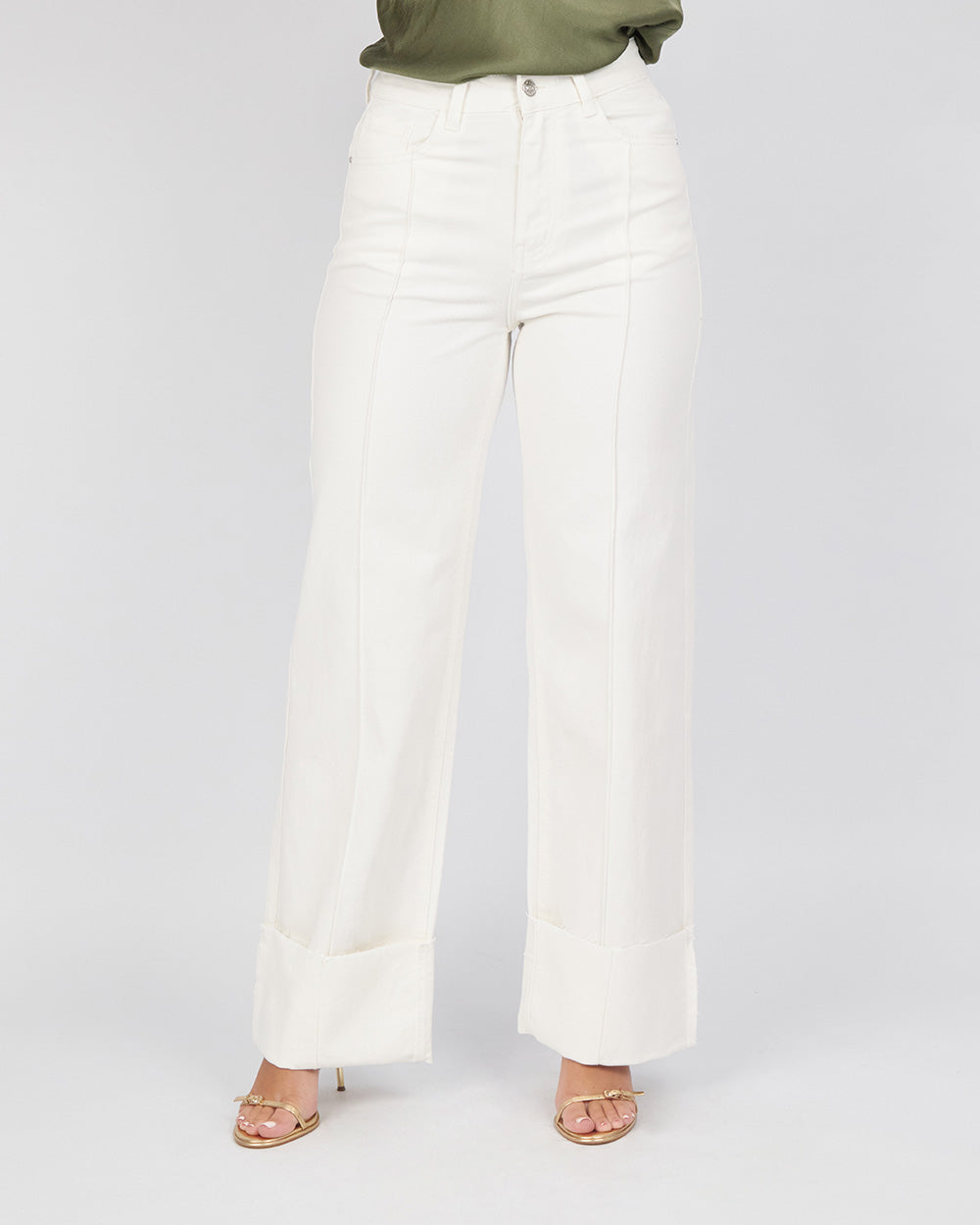 White Denim Pants With Folding Hem