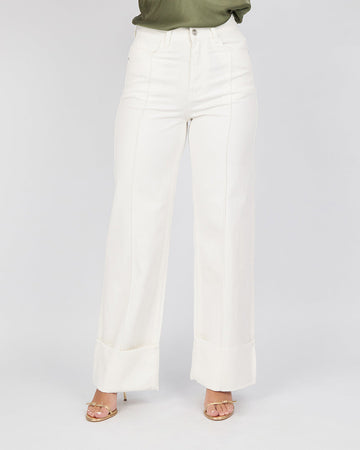 White Denim Pants With Folding Hem