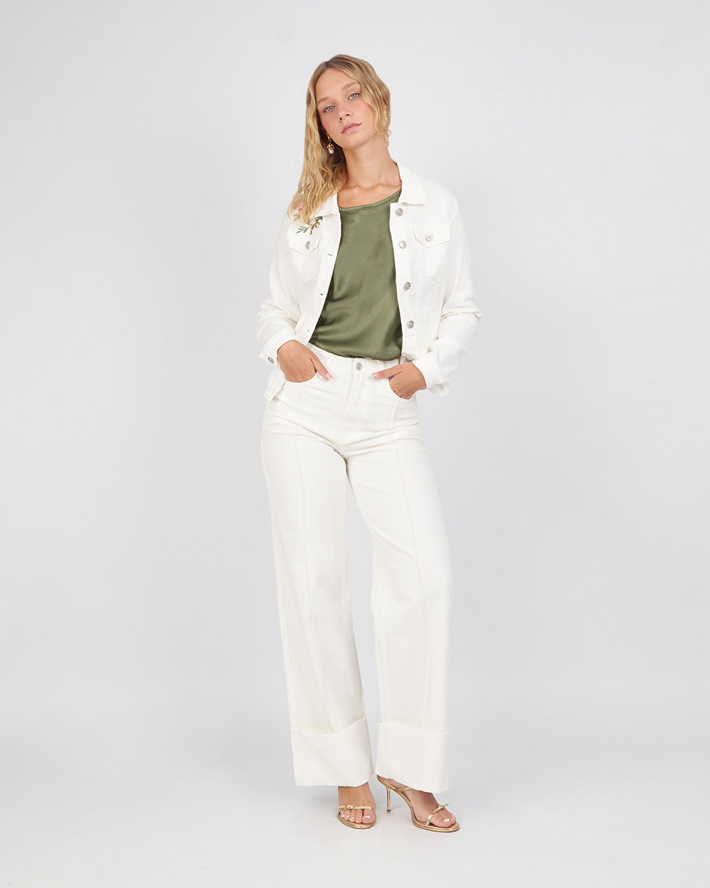 White Denim Pants With Folding Hem