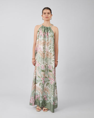 Cream Dress Green Flowers