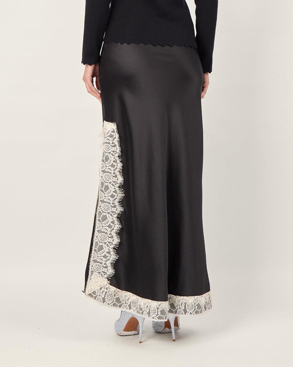 Black silk skirt with lace hem