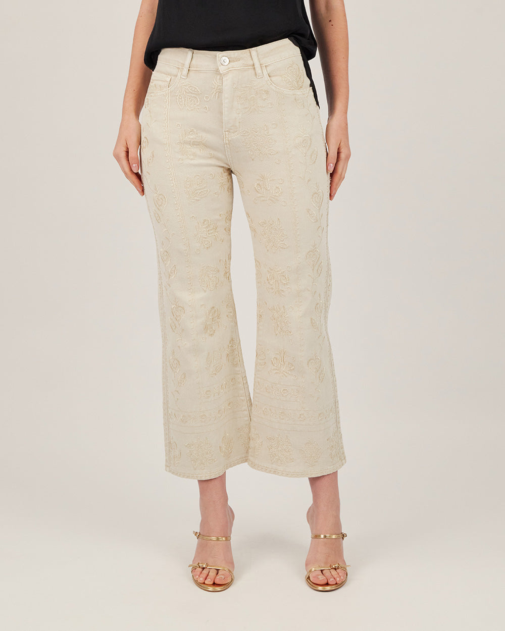 Beige Denim Floral Wide-Leg Jeans