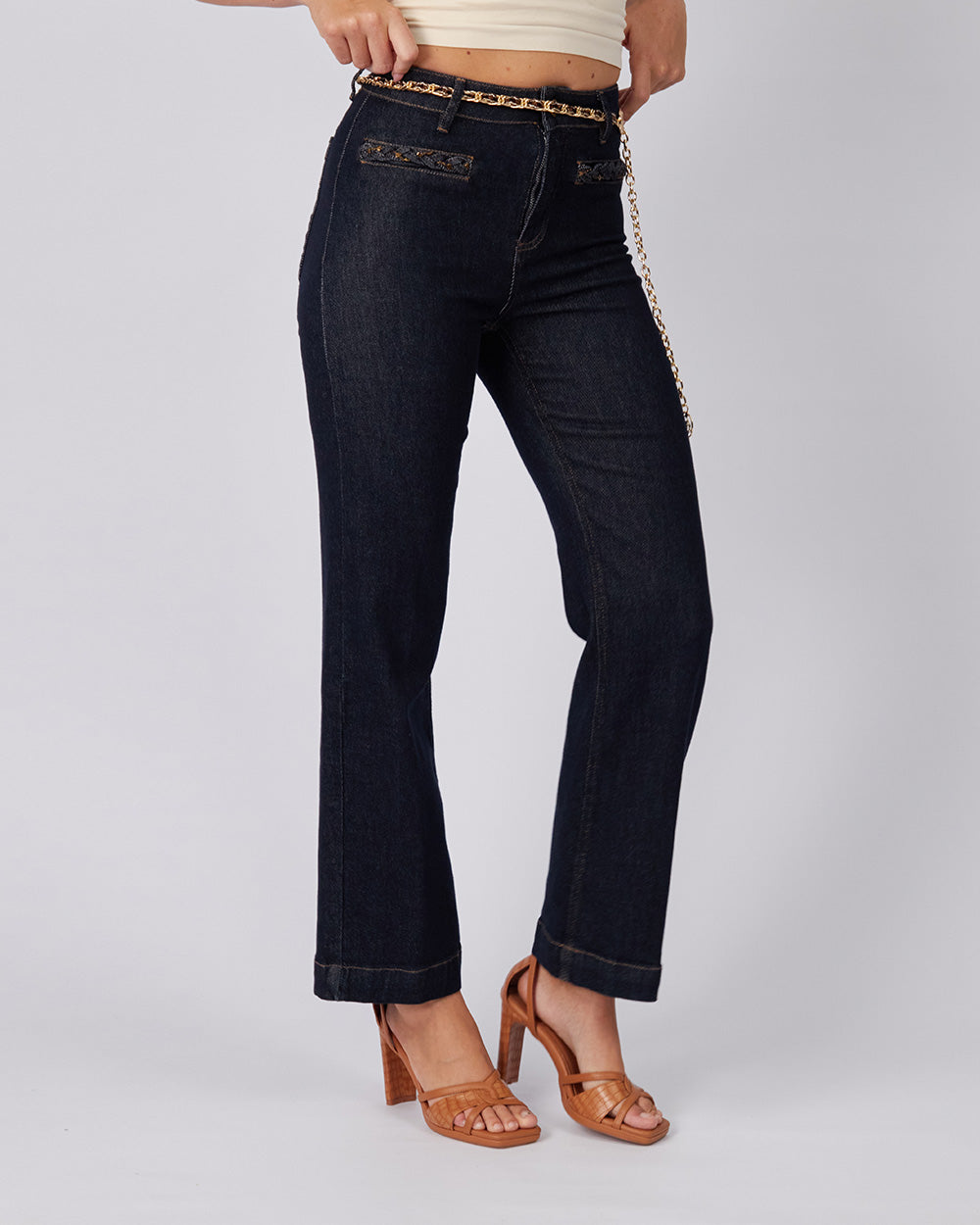 Blue Denim Pants Chain Pockets