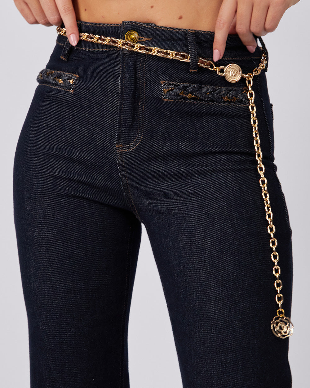 Blue Denim Pants Chain Pockets