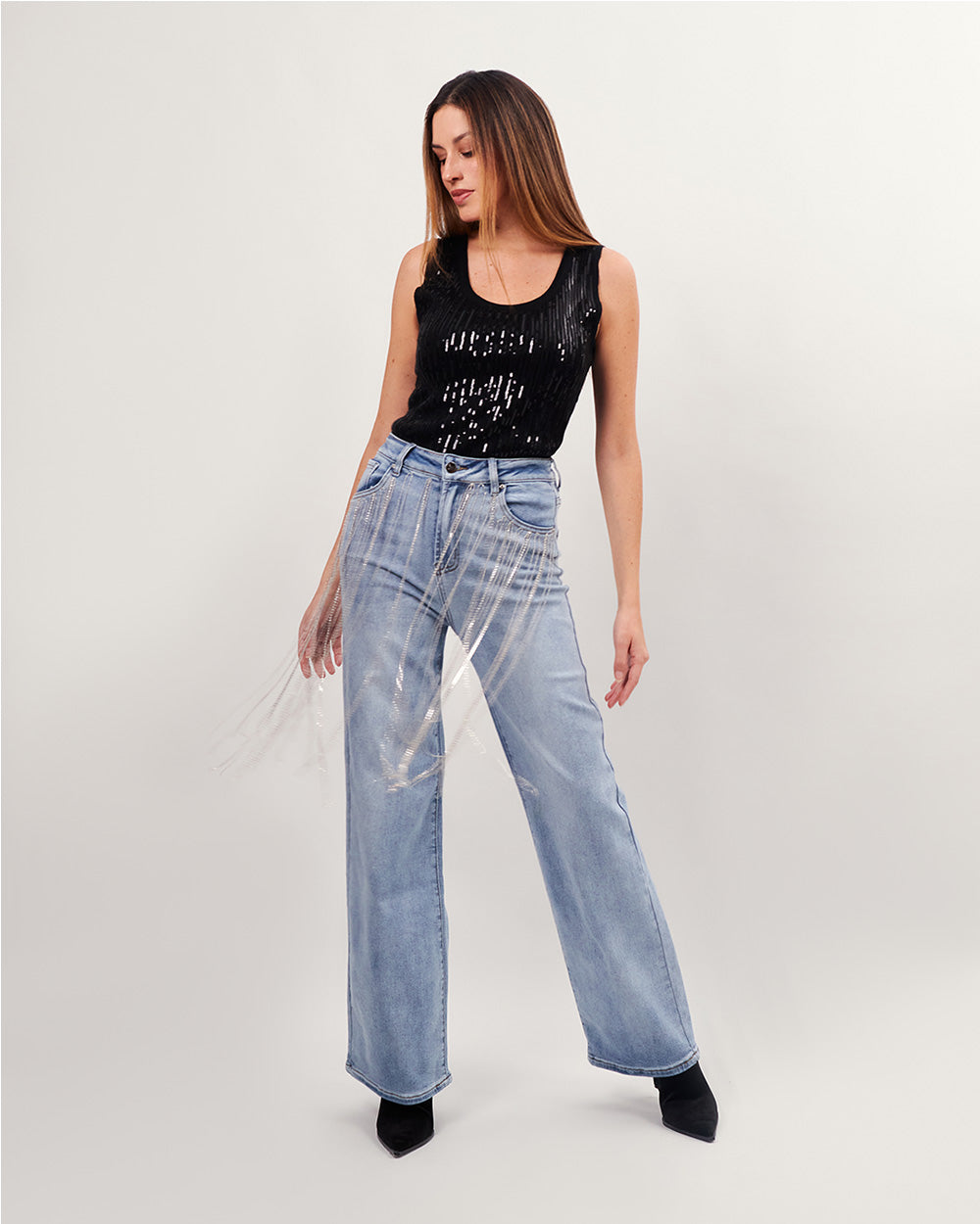 Rhinestone hanging strips light blue jeans