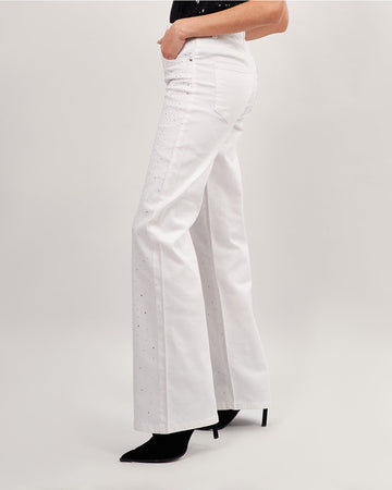 White denim with rhinestones straight leg pants