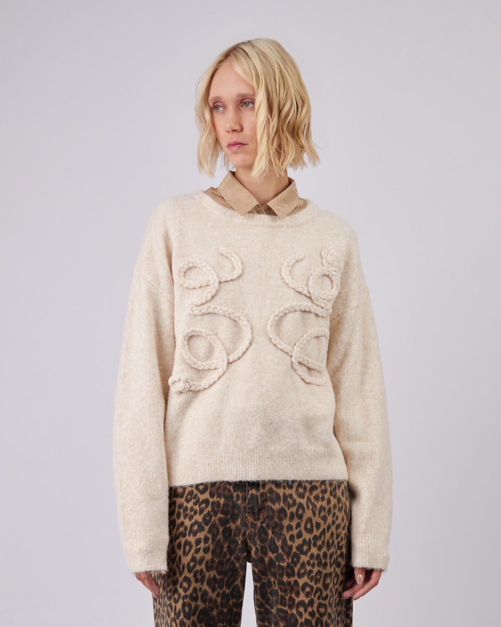 Beige Sweater With 3D Flower Knit