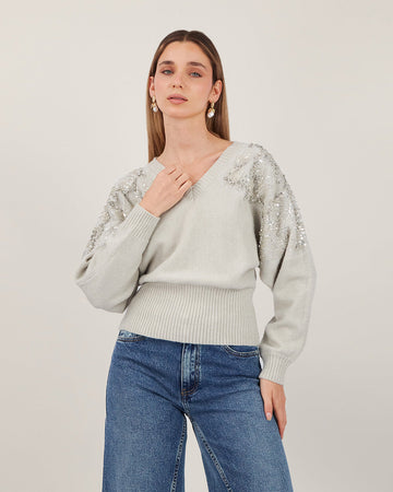 Taupe Knit V-Neck Sweater