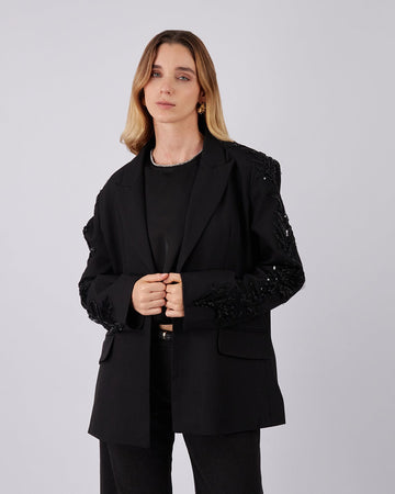 Black Blazer Leaf Appliqués