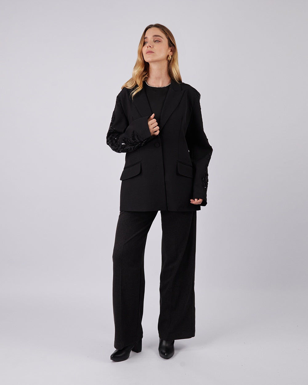 Black Blazer Leaf Appliqués