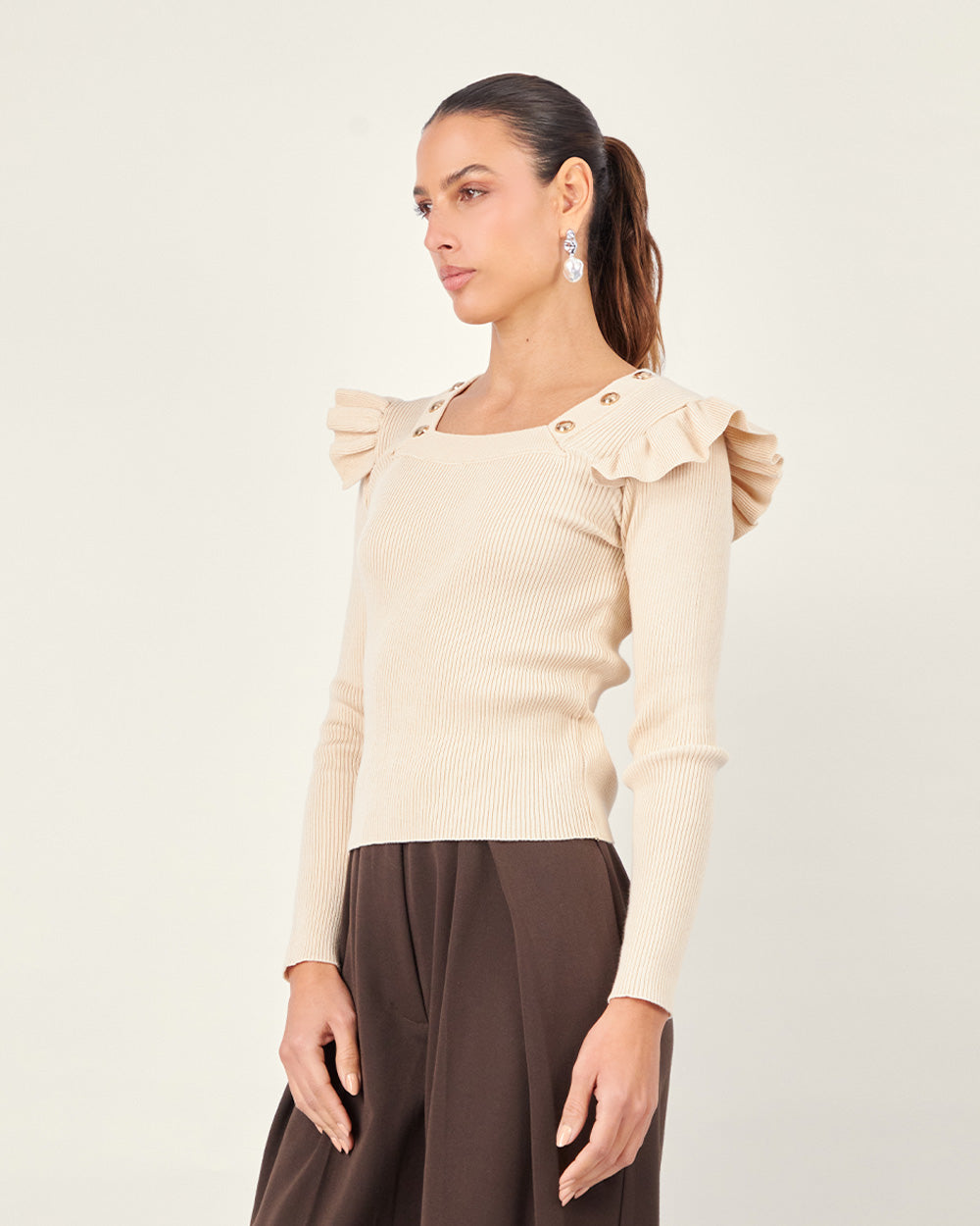 Beige Knit Square-Neck Sweater