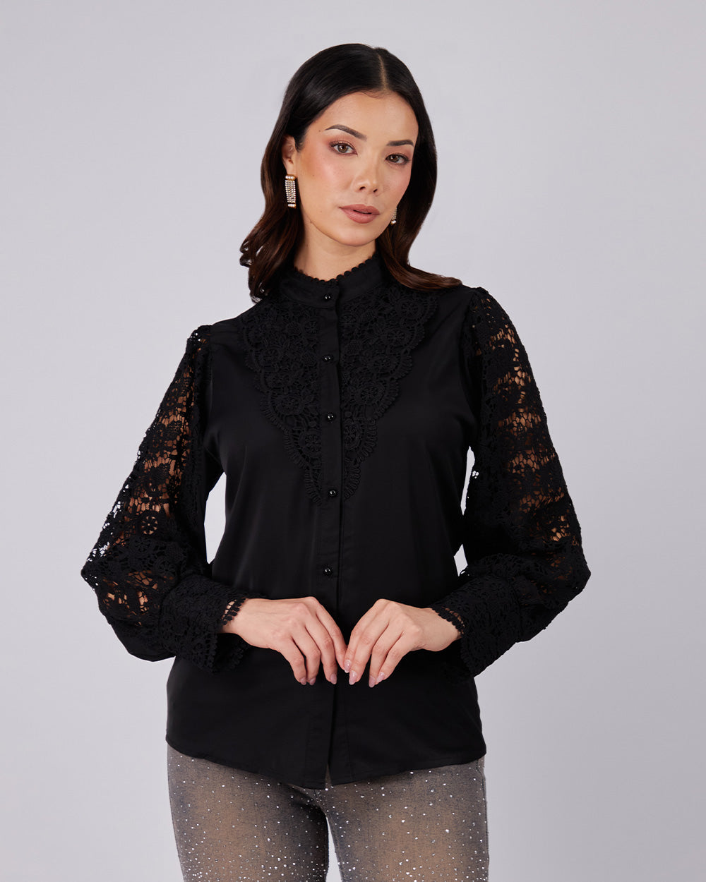 Black Nehru-Collar Blouse