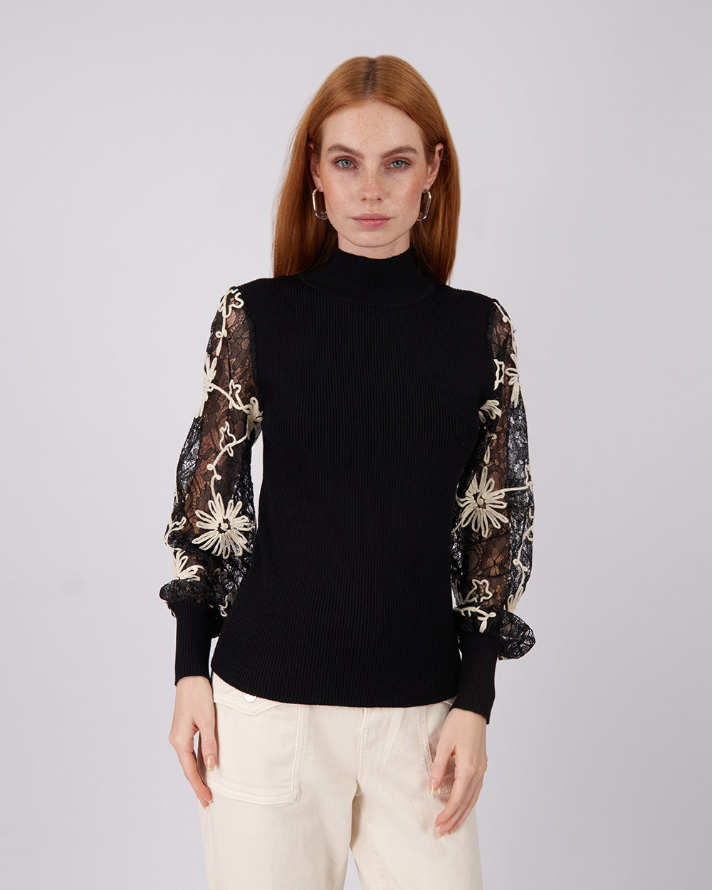 Black Knitted Sweater Embroidered Sleeves