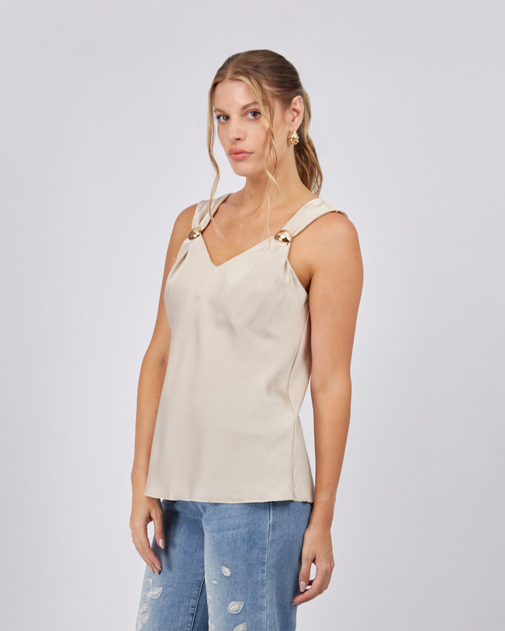 Beige Blouse Gold Brooches