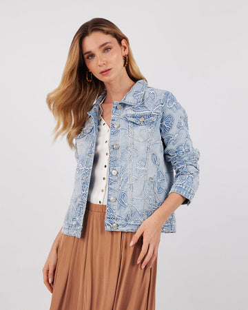 Light Blue Denim Jacket With White Flowers