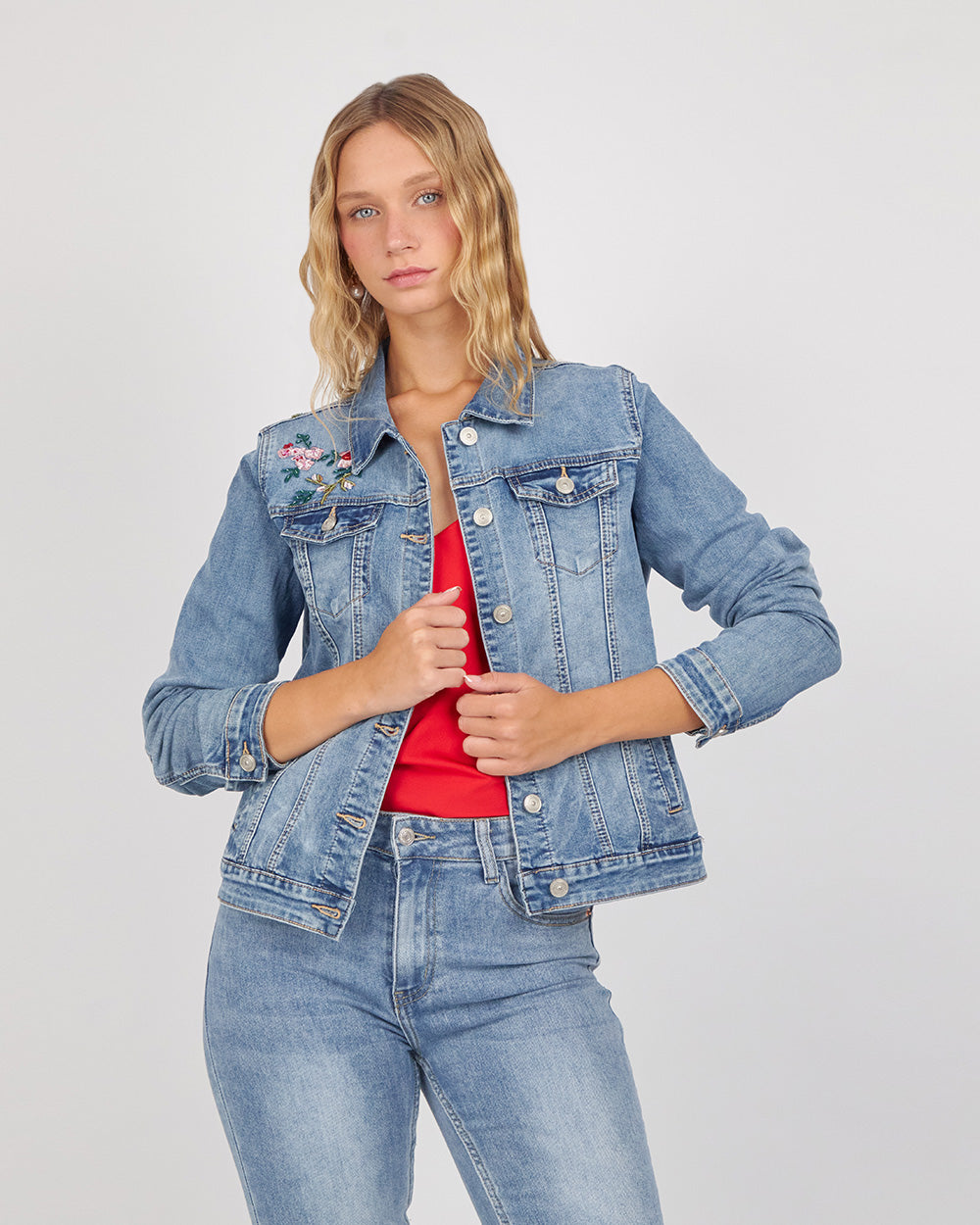 Light Blue Denim Jacket With Pink Embroidery